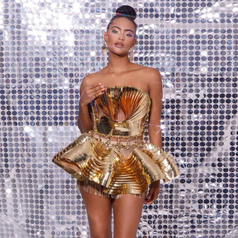 Mew Mews Jahdiel Crystal Fringe Metallic Skirt Set In Gold